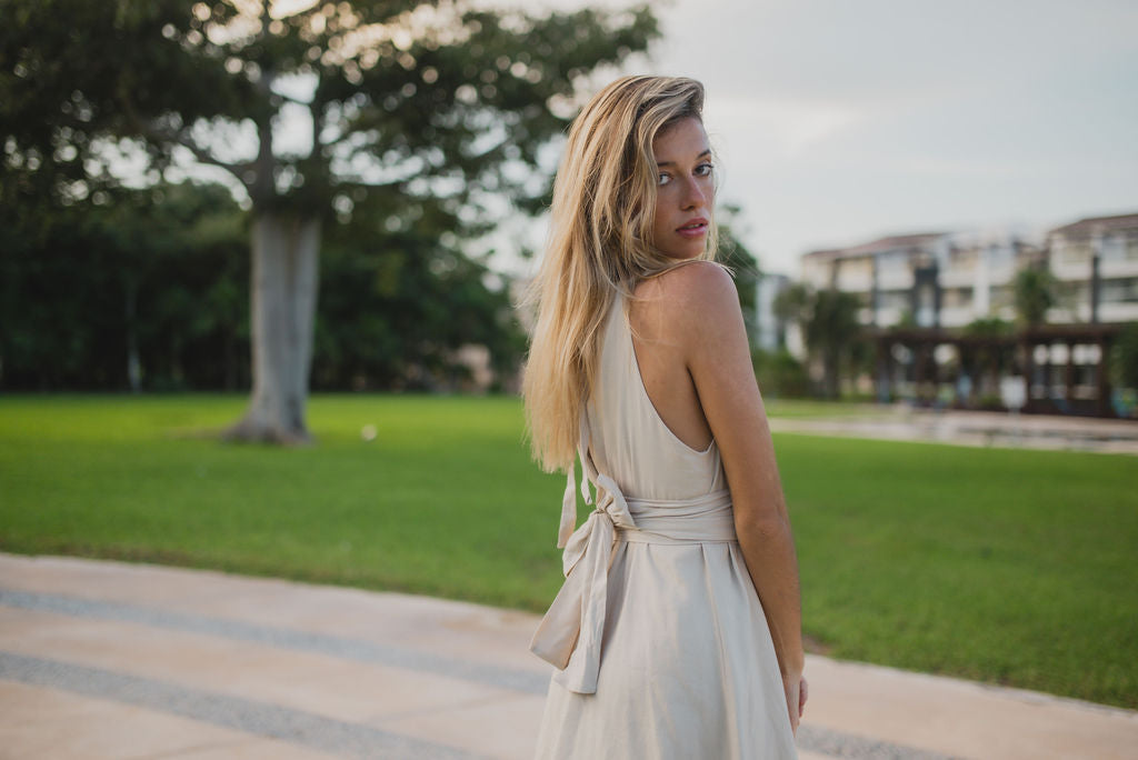 TORMENTA bamboo halter mini dress